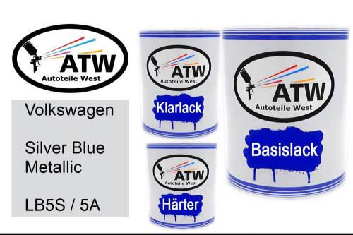 Volkswagen, Silver Blue Metallic, LB5S / 5A: 1L Lackdose + 1L Klarlack + 500ml Härter - Set, von ATW Autoteile West.